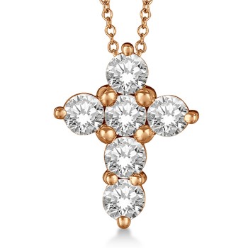 Prong Set Round Diamond Cross Pendant Necklace 14k Rose Gold (1.50ct)