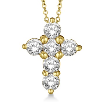 Prong Set Round Diamond Cross Pendant Necklace 14k Yellow Gold (1.50ct)