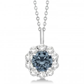 Halo Diamond and Gray Spinel Lady Di Pendant Necklace 14K White Gold (1.69ct)