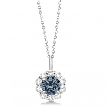 Halo Diamond and Gray Spinel Lady Di Pendant Necklace 14K White Gold (1.69ct)
