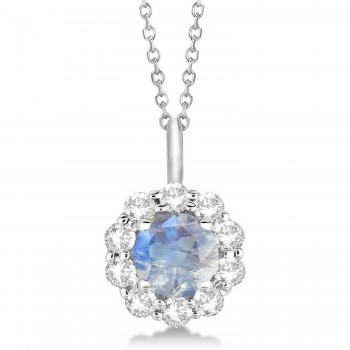 Halo Diamond and Moonstone Lady Di Pendant Necklace 14K White Gold (1.69ct)