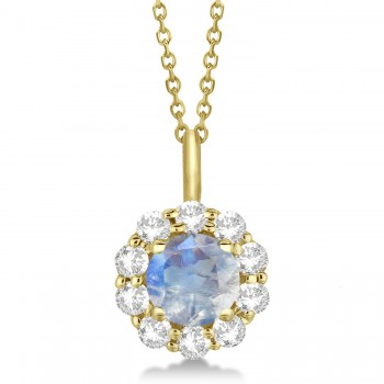 Halo Diamond and Moonstone Lady Di Pendant Necklace 14K Yellow Gold (1.69ct)