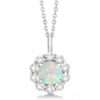 Halo Diamond and Opal Lady Di Pendant Necklace 14K White Gold (1.69ct)