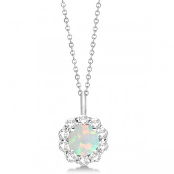 Halo Diamond and Opal Lady Di Pendant Necklace 14K White Gold (1.69ct)