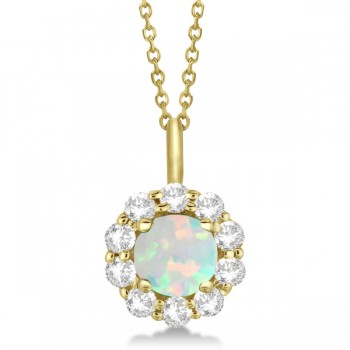 Halo Diamond and Opal Lady Di Pendant Necklace 14K Yellow Gold (1.69ct)