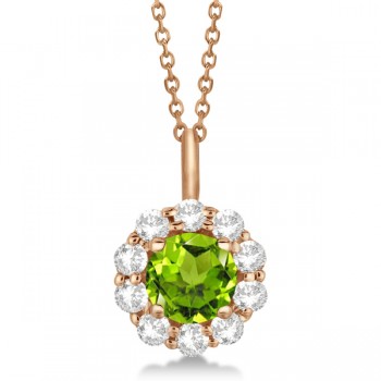 Halo Diamond and Peridot Lady Di Pendant Necklace 14K Rose Gold (1.69ct)