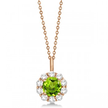 Halo Diamond and Peridot Lady Di Pendant Necklace 14K Rose Gold (1.69ct)