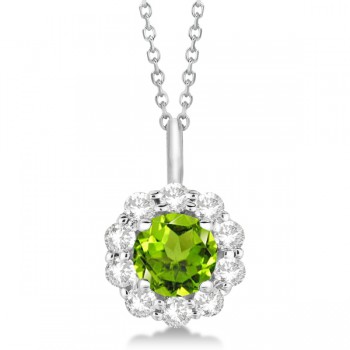 Halo Diamond and Peridot Lady Di Pendant Necklace 14K White Gold (1.69ct)