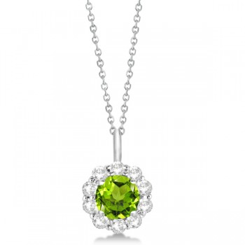 Halo Diamond and Peridot Lady Di Pendant Necklace 14K White Gold (1.69ct)