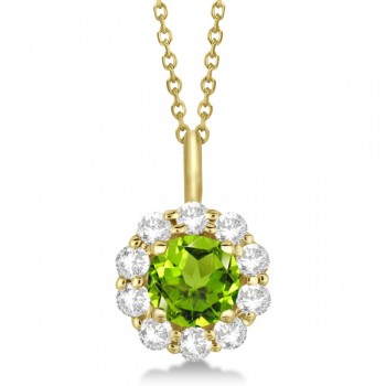 Halo Diamond and Peridot Lady Di Pendant Necklace 14K Yellow Gold (1.69ct)