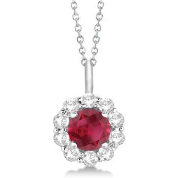 Halo Diamond and Ruby Pendant Necklace 14K White Gold (1.69ct)