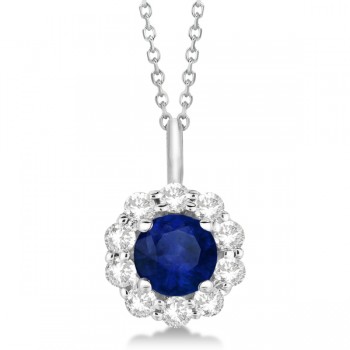 Halo Diamond and Sapphire Pendant Necklace 14K White Gold (1.69ct)