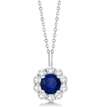 Halo Diamond and Sapphire Pendant Necklace 14K White Gold (1.69ct)