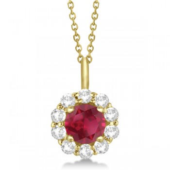 Halo Diamond and Ruby Pendant Necklace 14K Yellow Gold (1.69ct)