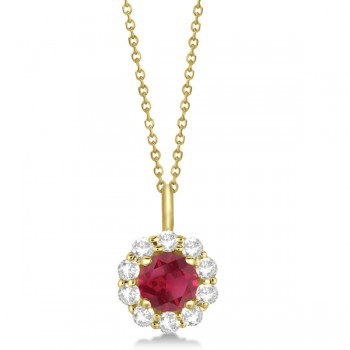 Halo Diamond and Ruby Pendant Necklace 14K Yellow Gold (1.69ct)