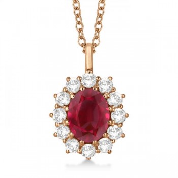 Oval Lab Ruby and Lab  Diamond Pendant Necklace 14k Rose Gold (3.60ctw)