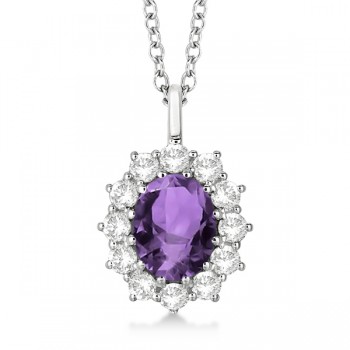 Oval Amethyst & Diamond Pendant Necklace 14k White Gold (3.60ctw)