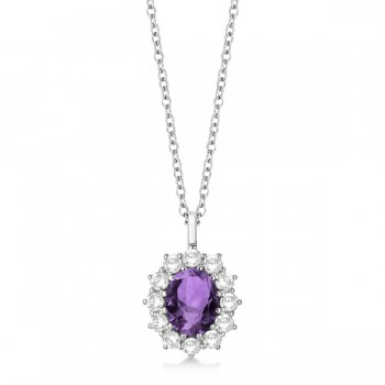 Oval Amethyst & Diamond Pendant Necklace 14k White Gold (3.60ctw)