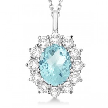 Oval Aquamarine & Diamond Pendant Necklace 14k white Gold (3.60ctw)