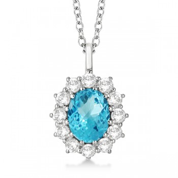 Oval Blue Topaz & Diamond Pendant Necklace 14k White Gold (3.60ctw)