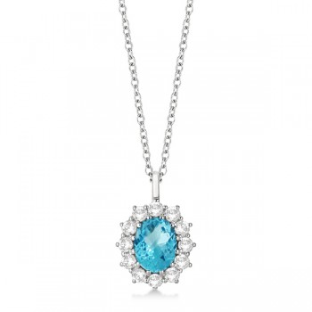 Oval Blue Topaz & Diamond Pendant Necklace 14k White Gold (3.60ctw)
