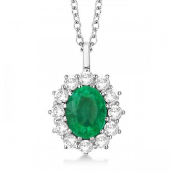 Oval Lab Emerald & Lab  Diamond Pendant Necklace 18k White Gold (3.60ctw)