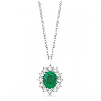 Oval Lab Emerald & Lab  Diamond Pendant Necklace 18k White Gold (3.60ctw)