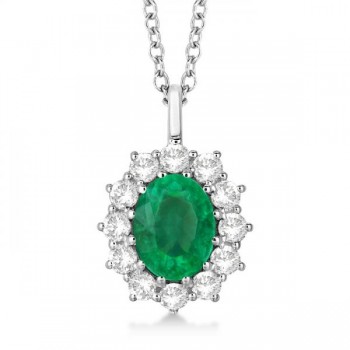 Oval Emerald & Diamond Pendant Necklace 18k White Gold (3.60ctw)