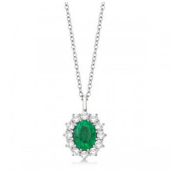 Oval Lab Emerald and Lab  Diamond Pendant Necklace 14k White Gold (3.60ctw)