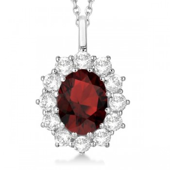 Oval Garnet and Diamond Pendant Necklace 14k White Gold (3.60ctw)