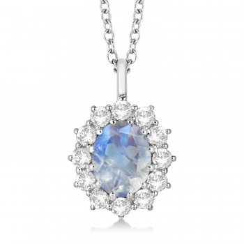 Oval Moonstone and Diamond Pendant Necklace 14k White Gold (2.80ctw)