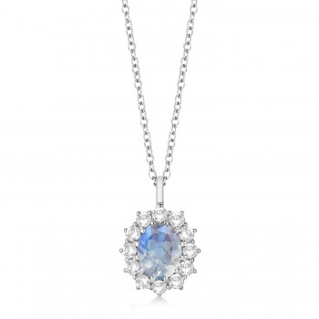 Oval Moonstone and Diamond Pendant Necklace 14k White Gold (2.80ctw)