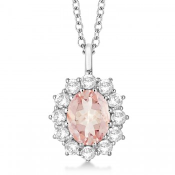 Oval Morganite and Diamond Pendant Necklace 14k White Gold (3.60ctw)