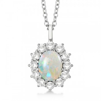 Oval Shape Opal & Diamond Pendant Necklace 14k White Gold (3.60ctw)