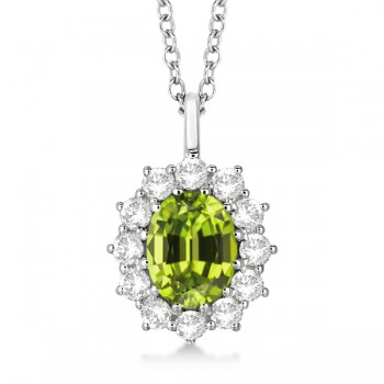 Oval Peridot & Diamond Pendant Necklace 14k white Gold (3.60ctw)