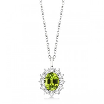 Oval Peridot & Diamond Pendant Necklace 14k white Gold (3.60ctw)