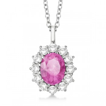Oval Lab Pink Sapphire & Lab  Diamond Pendant Necklace 14k white Gold (3.60ctw)