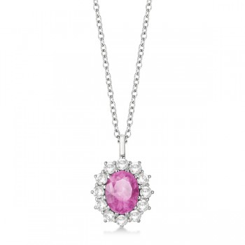 Oval Lab Pink Sapphire & Lab  Diamond Pendant Necklace 14k white Gold (3.60ctw)
