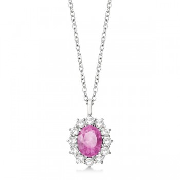 Oval Lab Pink Sapphire & Lab  Diamond Pendant Necklace 14k white Gold (3.60ctw)