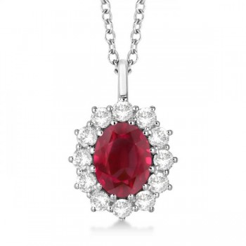 Oval Lab Ruby & Lab  Diamond Pendant Necklace 18k White Gold (3.60ctw)