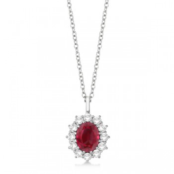 Oval Lab Ruby & Lab  Diamond Pendant Necklace 18k White Gold (3.60ctw)