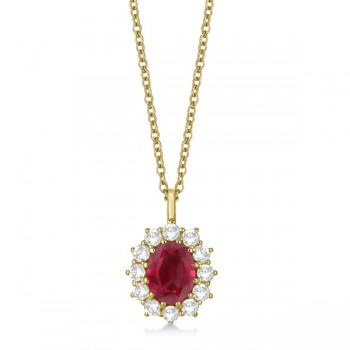 Oval Lab Ruby & Lab  Diamond Pendant Necklace 18k Yellow Gold (3.60ctw)