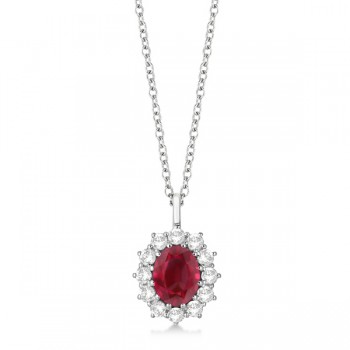 Oval Lab Ruby and Lab  Diamond Pendant Necklace 14k White Gold (3.60ctw)