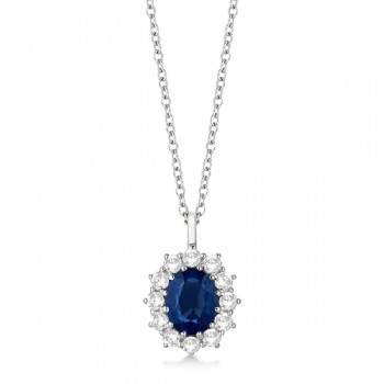 Oval Lab Blue Sapphire & Lab  Diamond Pendant Necklace 18k White Gold (3.60ctw)