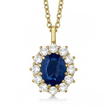Oval Lab Blue Sapphire & Lab  Diamond Pendant Necklace 18k Yellow Gold (3.60ctw)