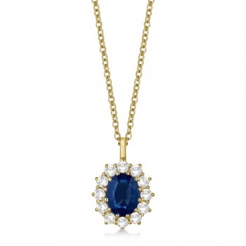 Oval Lab Blue Sapphire & Lab  Diamond Pendant Necklace 18k Yellow Gold (3.60ctw)