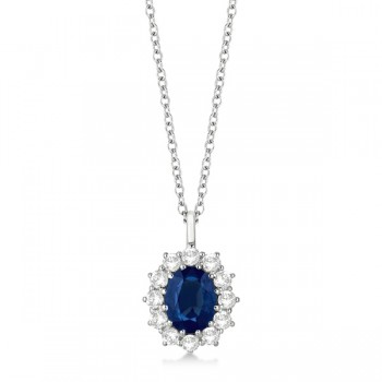 Oval Lab Blue Sapphire & Lab  Diamond Pendant Necklace 14k White Gold (3.60ctw)