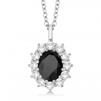 Oval Onyx and Diamond Pendant Necklace 14k White Gold (3.60ctw)