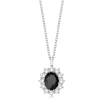 Oval Onyx and Diamond Pendant Necklace 14k White Gold (3.60ctw)