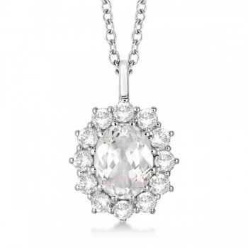 Oval White Topaz & Diamond Pendant Necklace 14k White Gold (3.60ct)